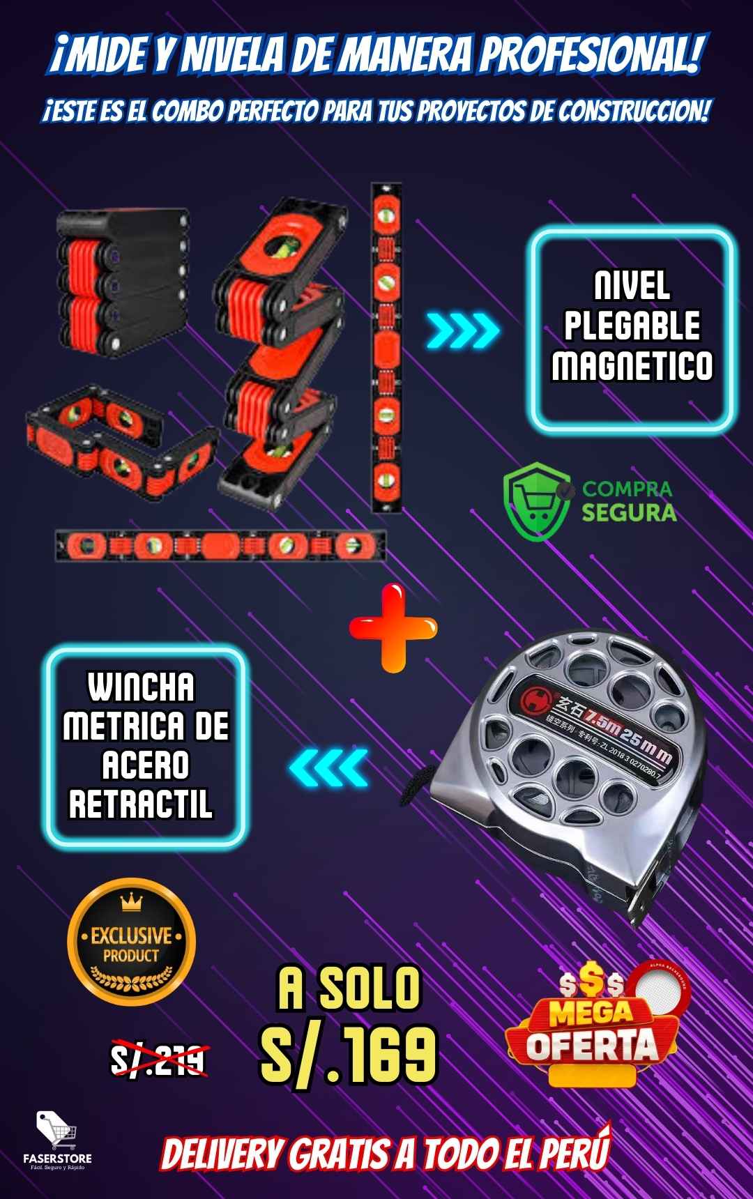 COMBO NIVEL PLEGABLE MAGNETICO + WINCHA METRICA DE ACERO
